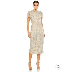 Mac Duggal EMBELLISHED FLUTTER SLEEVE HIGH NECK DRESS Color Nude Silver Sz 6